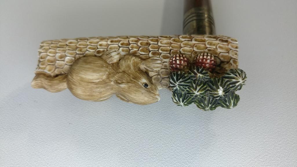 Neat Squirrel and Acorn L-Shaped Cane with Silver Collar