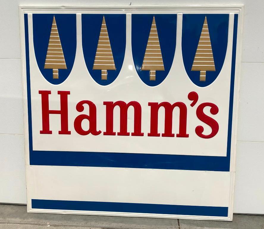 Hamm's Beer NOS Embossed Tin Sign Over Wood Frame Circa 1965 w/ Blank Name Plate