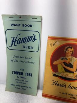 Lot of 4 Hamm's Beer Ephemera Items, (2) Want Books, 1914 Hamm's Preferred Recipe Book