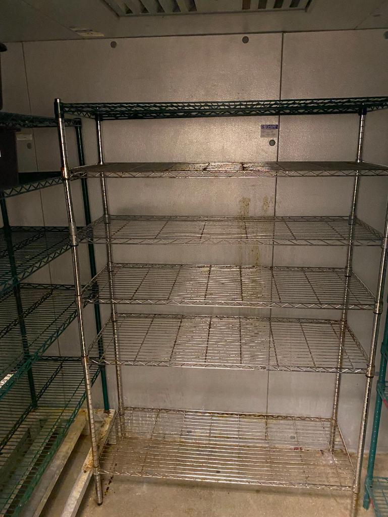Lot of 3 NSF Dunnage Storage Shelving Units, 1 Dunnage Rack, 4 Bus Tubs