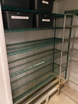 Lot of 3 NSF Dunnage Storage Shelving Units, 1 Dunnage Rack, 4 Bus Tubs