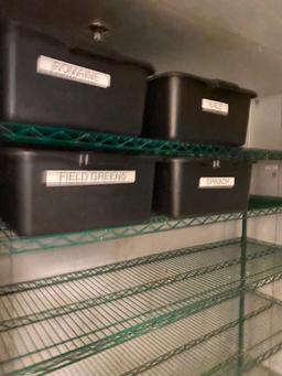 Lot of 3 NSF Dunnage Storage Shelving Units, 1 Dunnage Rack, 4 Bus Tubs