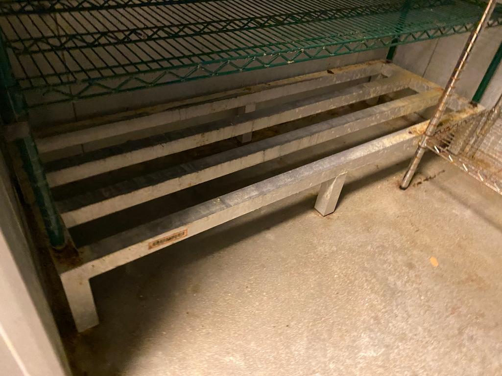 Lot of 3 NSF Dunnage Storage Shelving Units, 1 Dunnage Rack, 4 Bus Tubs