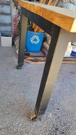 Mobile Industrial Reclaimed Steel & Wood Table on Old Casters, 68in x 36in x 30in H