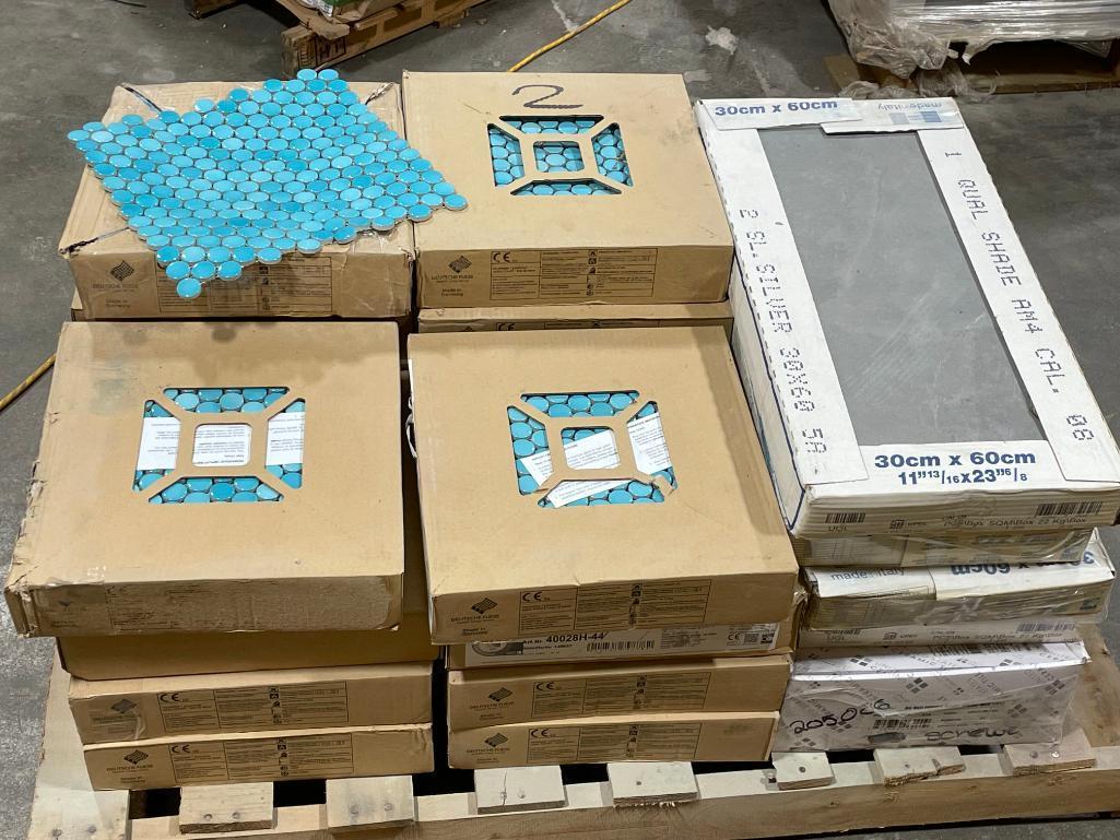 19 Cases, 10/Case, AGROB Buchtal Loop Turquois Mosaic 12in x 12in Tile, 5 Cases 12in x 24in Grey