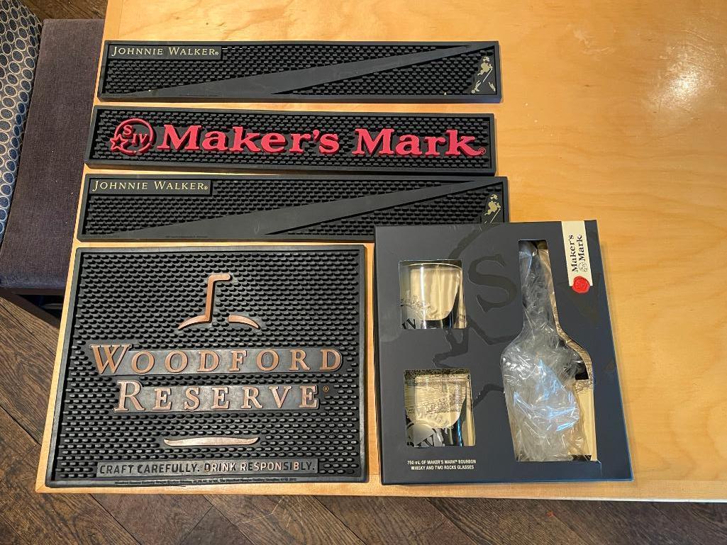 Rubber Bar Mats & 2 Makers Mark Whiskey Glasses