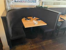 Custom Round Booth w/ U-Shaped Blonde Table w/ Ornate Base, Table 32in x 37in Booth Seats 4 to 5