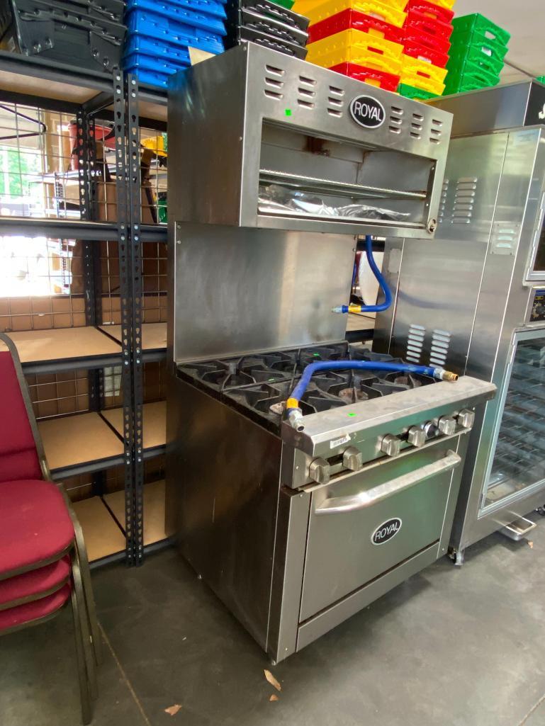 Royal Range Gas 6-Burner Restaurant Range w/ Salamander Cheese Melter / Warmer w 2 Gas Line Hoses