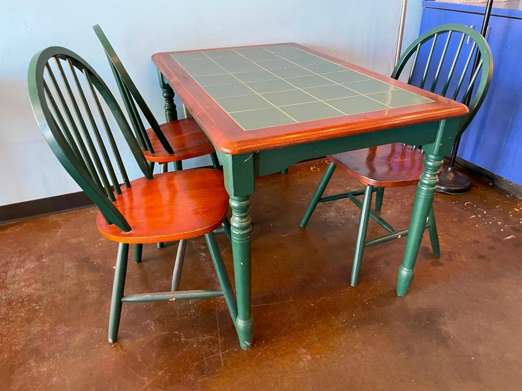 Farm House Table w/ 3 Chairs, Tile Top Table, 48in x 30in x 30in, Windsor Style Chairs
