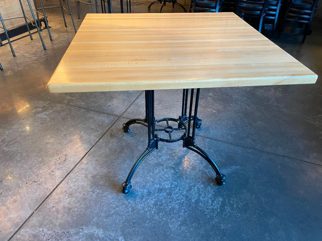 Restaurant Table, Solid Rock Maple Butcher Block Top, Antique Black Iron Ornate Base