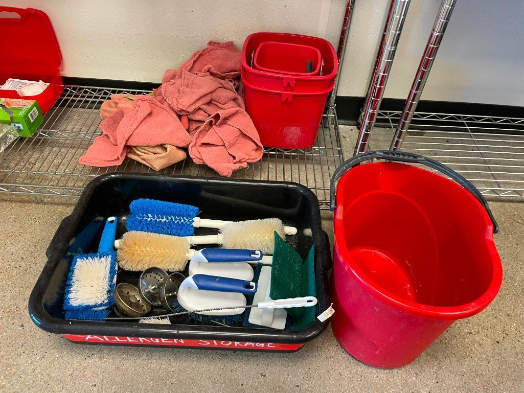 Cleaning Buckets, Rags and Bus Tub w/ Cleaning Brushes, Sink Stoppers
