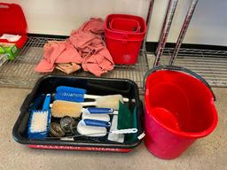 Cleaning Buckets, Rags and Bus Tub w/ Cleaning Brushes, Sink Stoppers