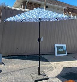 Patio Umbrella and Umbrella Base, Crank Style, Blue & White Pattern