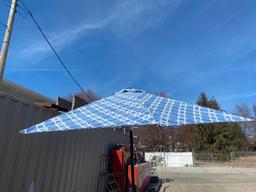 Patio Umbrella and Umbrella Base, Crank Style, Blue & White Pattern