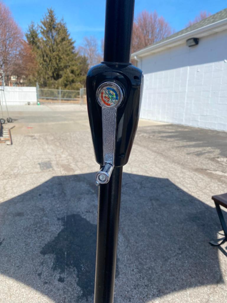 Patio Umbrella and Umbrella Base, Crank Style, Blue & White Pattern