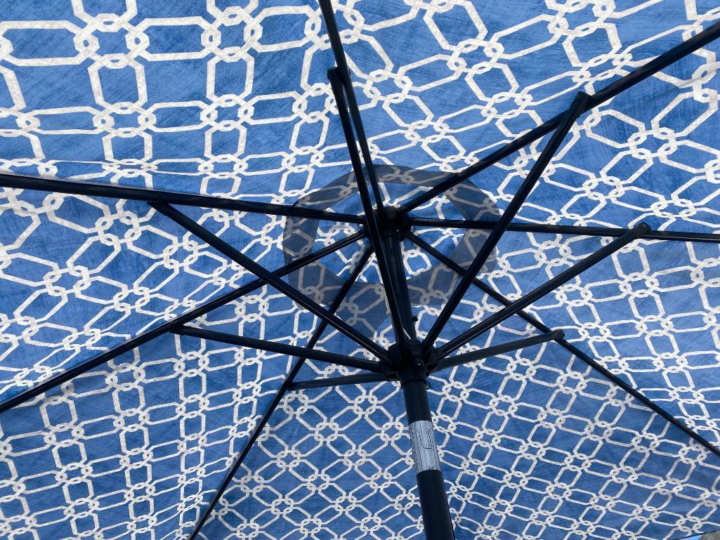 Patio Umbrella and Umbrella Base, Crank Style, Blue & White Pattern