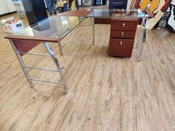 L Shape Glass Top Chrome Finish Office Desk w/ Matching Drawers 24in x 62in x 30in
