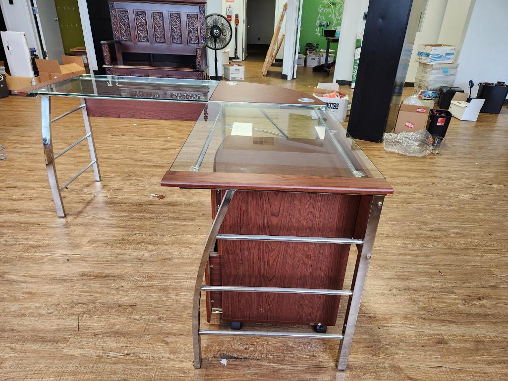 L Shape Glass Top Chrome Finish Office Desk w/ Matching Drawers 24in x 62in x 30in