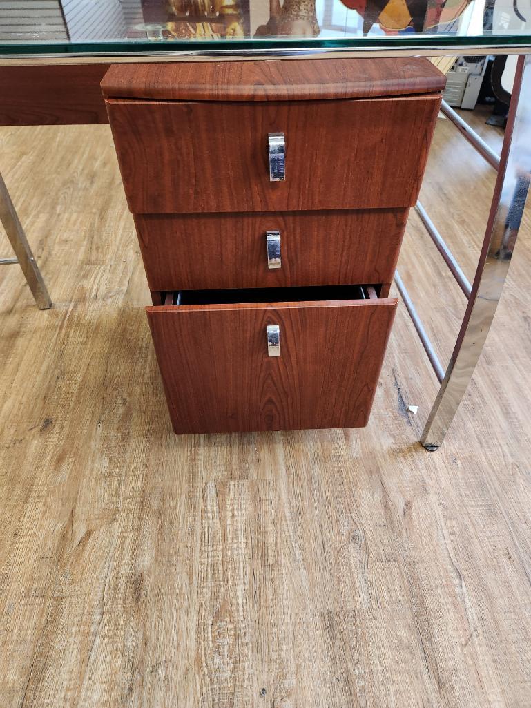L Shape Glass Top Chrome Finish Office Desk w/ Matching Drawers 24in x 62in x 30in