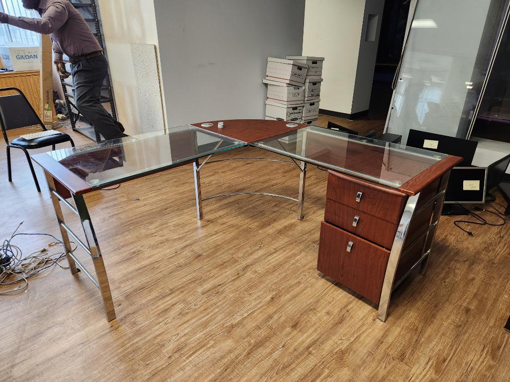 L Shape Glass Top Chrome Finish Office Desk w/ Matching Drawers 24in x 62in x 30in