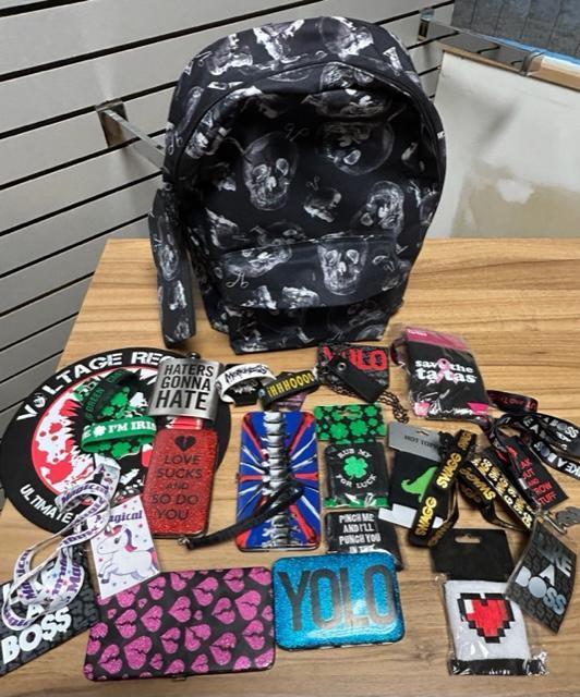 Skull Backpack, Pouch, Vinyl Slip Mat, Wallets, Wrist Bands, Flask, etc