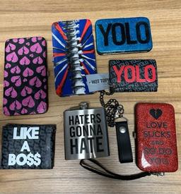 Skull Backpack, Pouch, Vinyl Slip Mat, Wallets, Wrist Bands, Flask, etc