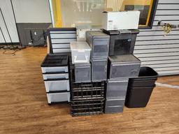 Assorted Plastic Storage, Drawers, Trash Cans