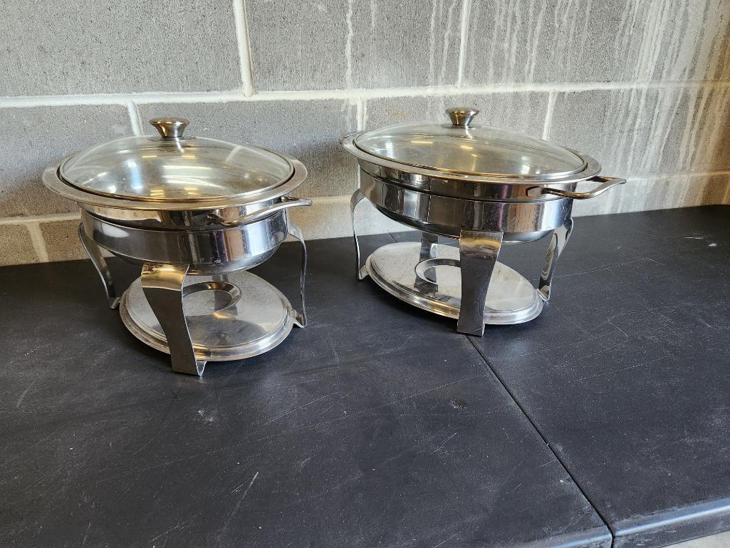 Lot of 2 Round Chafing Pan Servers w/ Base, Lids/Covers and Pans, Sold 2x$