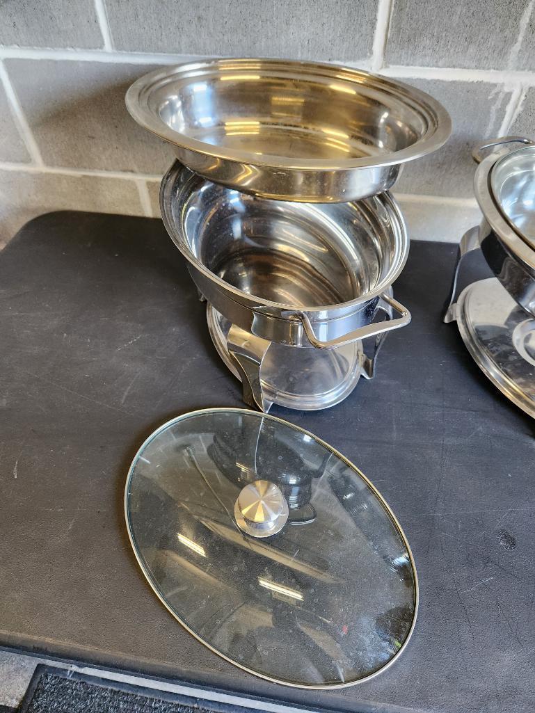 Lot of 2 Round Chafing Pan Servers w/ Base, Lids/Covers and Pans, Sold 2x$
