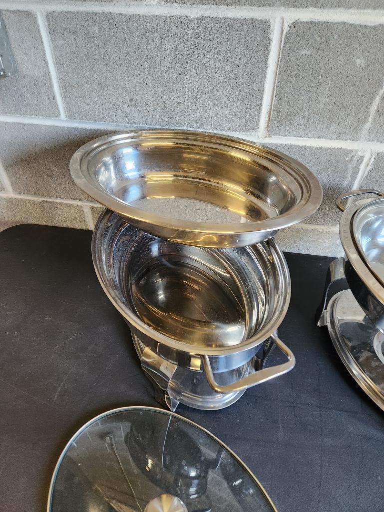 Lot of 2 Round Chafing Pan Servers w/ Base, Lids/Covers and Pans, Sold 2x$
