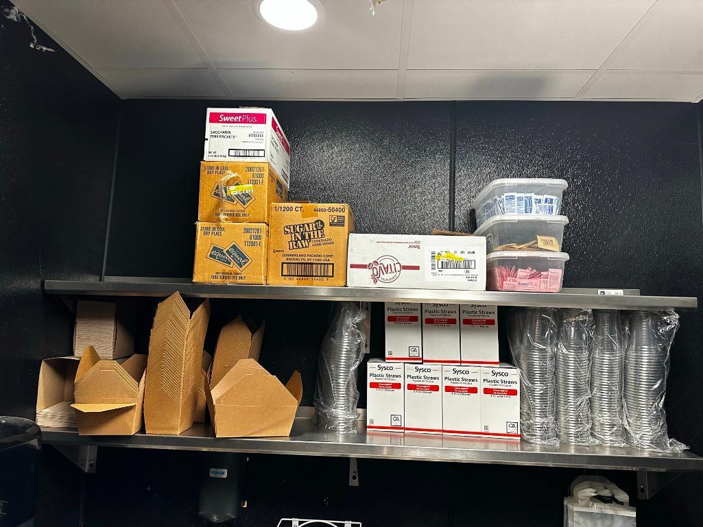 Cardboard To-Go Containers, New Plastic Glasses, 7 Boxes of Stirrers, Condiment Sugars