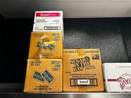 Cardboard To-Go Containers, New Plastic Glasses, 7 Boxes of Stirrers, Condiment Sugars