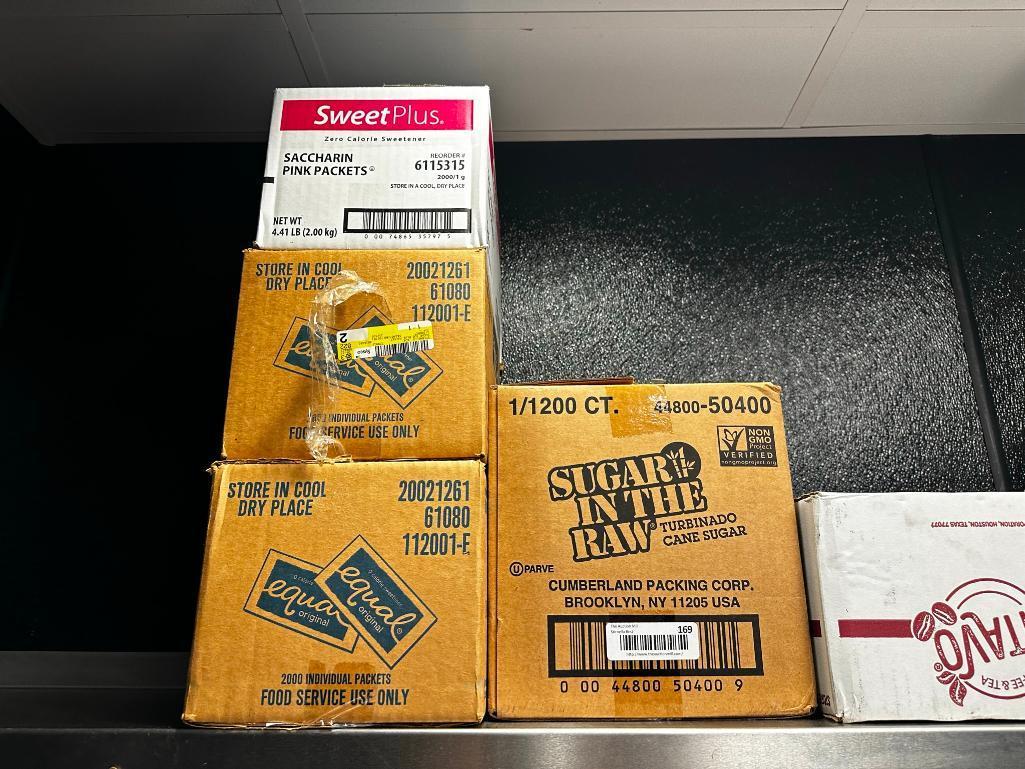 Cardboard To-Go Containers, New Plastic Glasses, 7 Boxes of Stirrers, Condiment Sugars