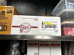 Cardboard To-Go Containers, New Plastic Glasses, 7 Boxes of Stirrers, Condiment Sugars