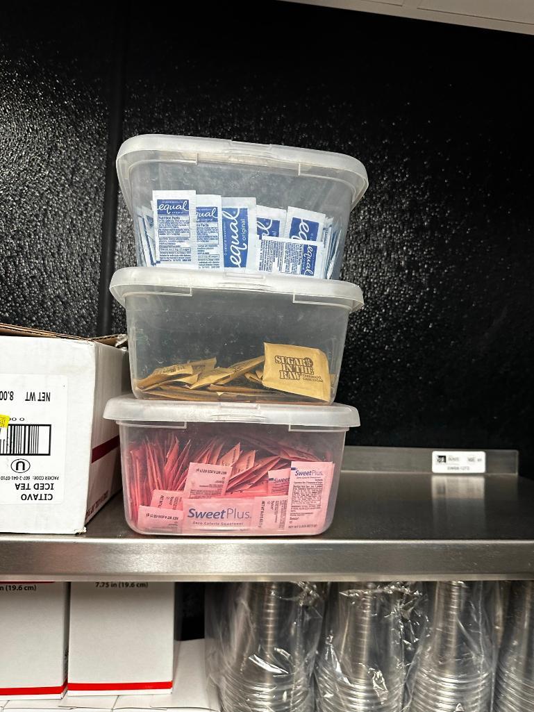 Cardboard To-Go Containers, New Plastic Glasses, 7 Boxes of Stirrers, Condiment Sugars