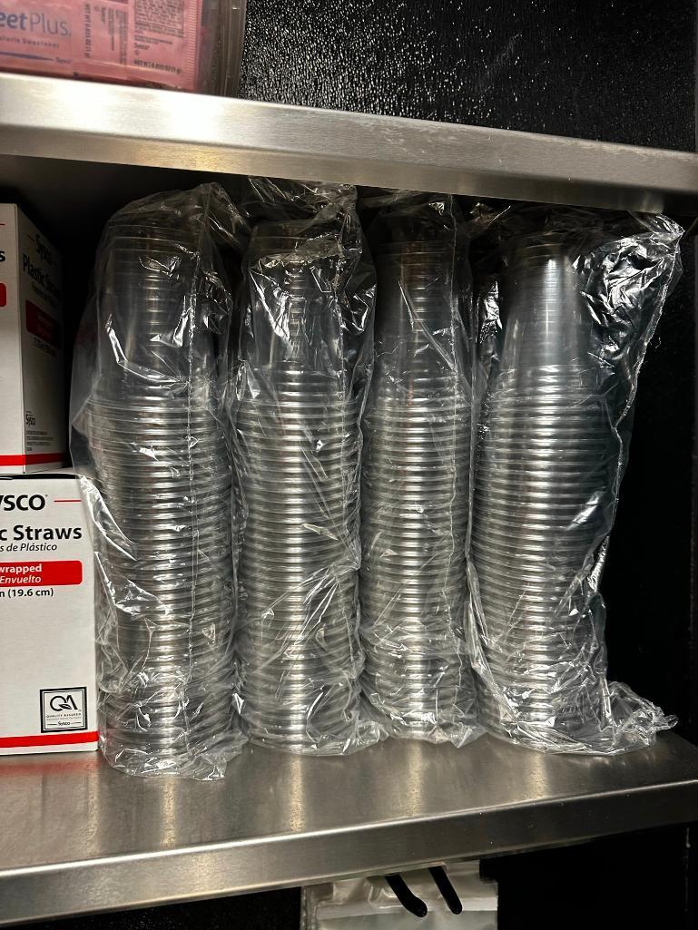 Cardboard To-Go Containers, New Plastic Glasses, 7 Boxes of Stirrers, Condiment Sugars