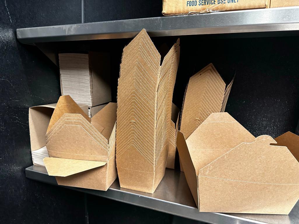 Cardboard To-Go Containers, New Plastic Glasses, 7 Boxes of Stirrers, Condiment Sugars