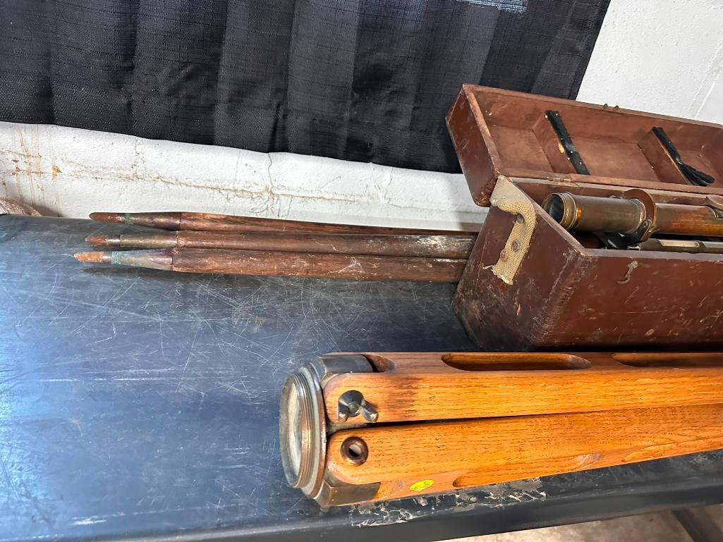 A. Saloe Co Antique Brass Transit and 2 Tripods, 1 Tripod Doesn't Fit to the Transit