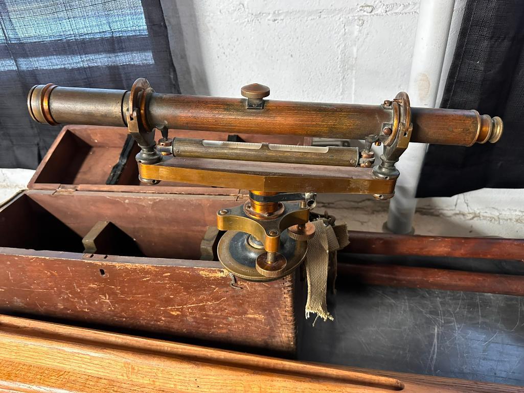 A. Saloe Co Antique Brass Transit and 2 Tripods, 1 Tripod Doesn't Fit to the Transit