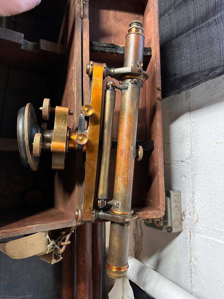 A. Saloe Co Antique Brass Transit and 2 Tripods, 1 Tripod Doesn't Fit to the Transit