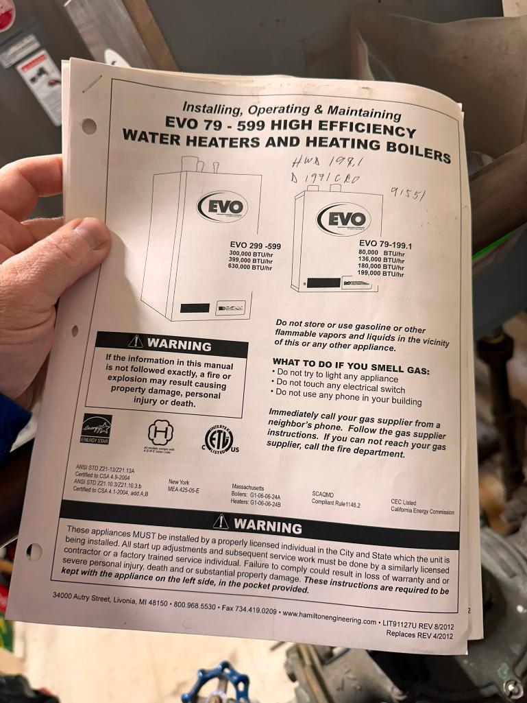 EVO 79-599 High Efficiency Water Heater, Circulating Pump, Tank Sensor Maniforld, Base Rack & Parts