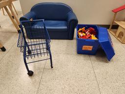 Lot of 3 Kids Sofa 32", Toy Shopping Cart & Box of Duplo Blocks