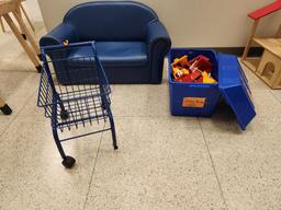 Lot of 3 Kids Sofa 32", Toy Shopping Cart & Box of Duplo Blocks