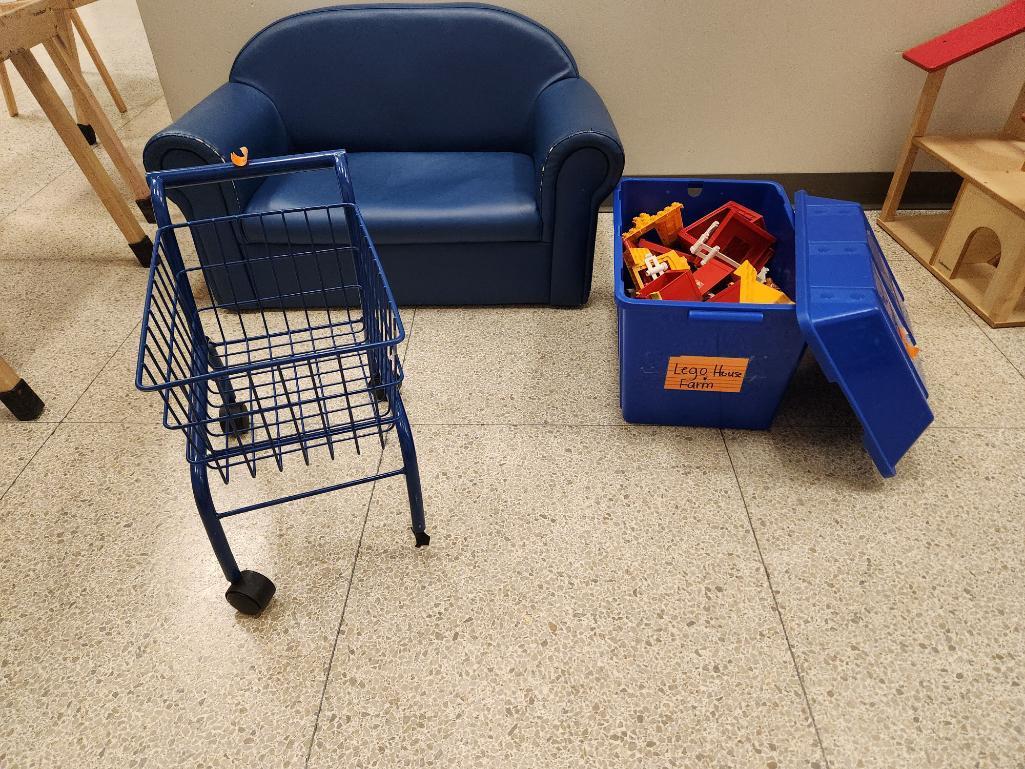 Lot of 3 Kids Sofa 32", Toy Shopping Cart & Box of Duplo Blocks