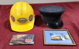 Vintage Union Pacific Railroad UP RR Items, Small Wallet, Hardhot, Conductors Cap and Framed Pin