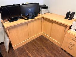 L-Shape Credenza w/ Sliding Doors, Worktop, 58in, 68in and 34in H & Wall-Mount Desk 57in
