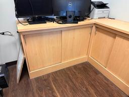 L-Shape Credenza w/ Sliding Doors, Worktop, 58in, 68in and 34in H & Wall-Mount Desk 57in