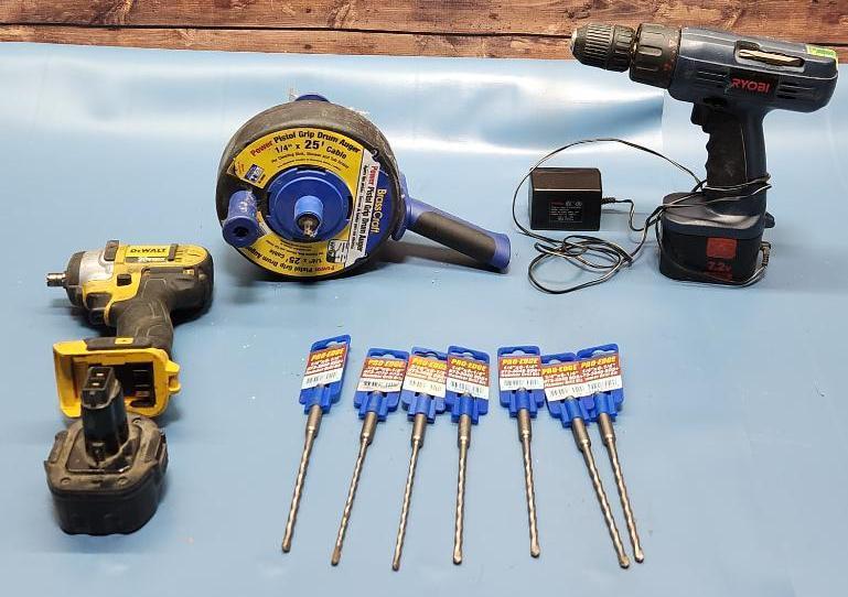 DeWalt Impact w/ Battery, Ryobi Drill Driver w/ Battery, Drain Auger, New Drill Bits