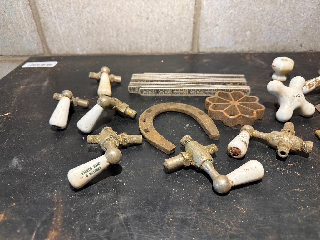 Antique Porcelain Stove and Sink Handles, Horseshoe, Metal Folding Yardstick, Wire