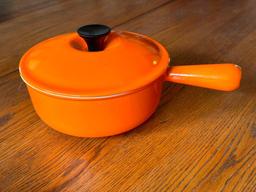 Le Creuset Cast Enamel Ribbed Bottom Orange Flame Sauce Pan w/ Lid, No. 20